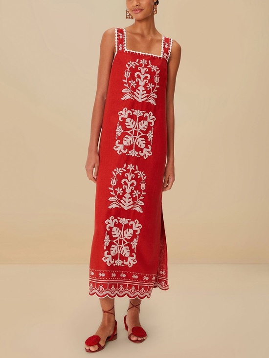 FARM Rio Dresses & Skirts - NWT FARM Rio Red Tropical Cross Stitch
Embroidered Midi Dress - Size XL